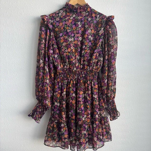 Aqua Multicolor Floral Long Sleeve Ruffled Mini Smocked Dress Exclusive Small - Picture 11 of 11